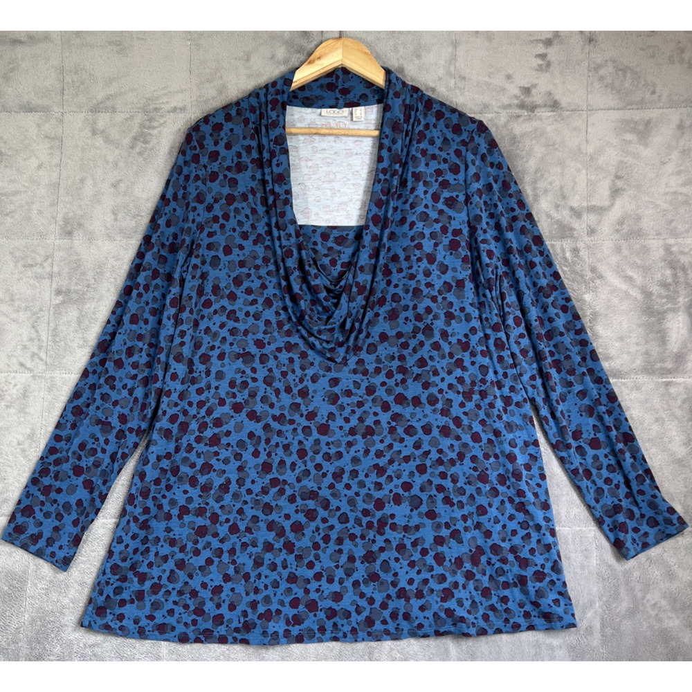 LOGO Lori Goldstein Tunic Large Blue Print Legacy X Rayon Stretch Cowl Pockets